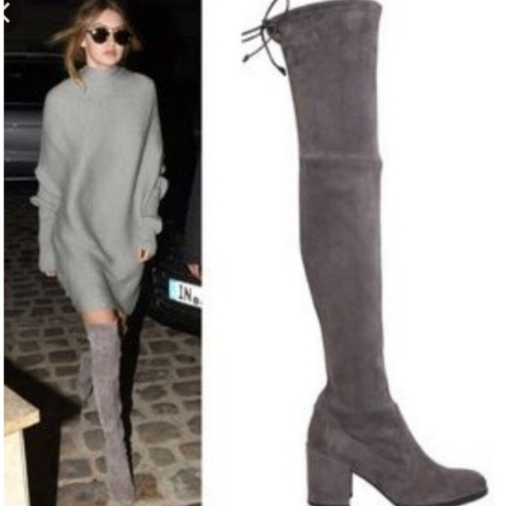 New Stuart Weitzman sz 10.5 Tieland Over the Knee Boots Suede Leather Dark Gray